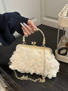 2025 新款链条花朵晚装手拿包，女士时尚明星手提包，纯色托特包/单肩包/斜挎包，链条手柄 [花卉图案位置各异]