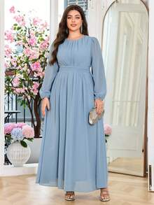 Volly Toych 浅蓝色大码女士优雅A字圆领长袖及地雪纺正式伴娘礼服、婚礼宾客礼服，无衬里袖子 - 霧霾藍 - 查看 2