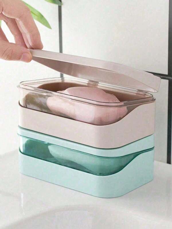 1 Rechteckige Plastik Seifenbox, abgedeckte Seifenbox, tragbare Seifenbox, abgedeckter Seifenhalter, Badezimmer Abfluss Seifenschale, Badezimmer Accessoires, Doppel-Schichten Abfluss-Design, geeignet für Seife/Seifenaufbewahrung während Reisen und der Rückkehr zur Schule Seifenaufbewahrung Badezimmerdekoration Sommer