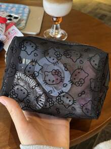 Sanrio 1pc Kitty Flocked & Mesh Portable Cosmetic Bag, Large Capacity Makeup Storage Pouch, Practical For Outdoor Use