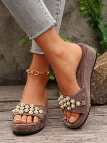 Women's Fashion Pearl Decor Wedge Slippers, Suitable For Wedding, Party, Vacation, Casual Wear, Thick Sole Sandals