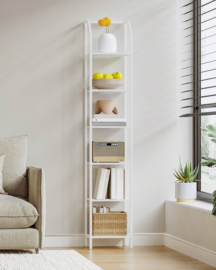 HaluPeit Bookshelf, 6-Tier Standing Shelf, Narrow Shelves, Open Shelf, Industrial Style, Metal Frame, Suitable For Study, Living Room, Bedroom, Kitchen - White - View 1