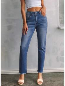 Sidefeel Women's High Waisted Jeans Strechy Fashion Hem Straight Leg Ankle Pants With Pockets - Green - View 8