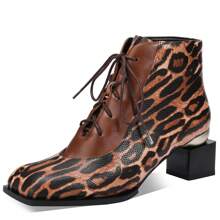 TDD Leopard Print Boots For Women Square Toe Lace Up Ankle Wide Calf Booties Botas Para Mujer Leather Chunky Block Dress Warm Lined Cowboy Cowgirl Ladies 2 Inch High Heels