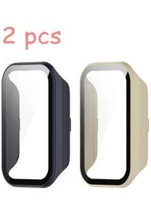 Pacote com 2 capas rígidas de PC para smartwatch Xiao Mi Smart Band 8 Active, protetor de tela de vidro temperado completo, capa protetora anti-goma para Mi Band 8 Active e Xiao Mi Redmi Band 2. A capa rígida de PC protege o relógio contra danos em esportes ao ar livre, uso diário e outros acessórios para cenas, homens e mulheres.