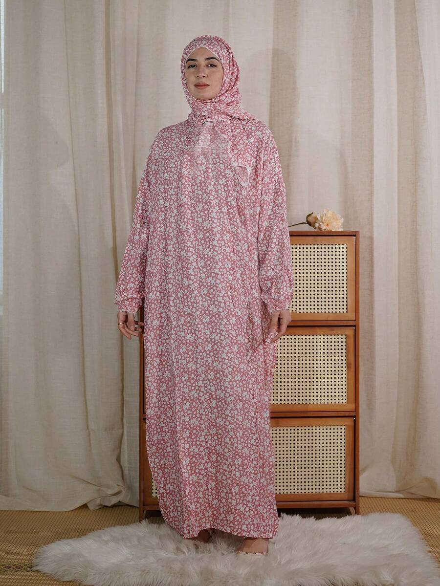 女款碎花印花圍巾式長袍,前拉鍊梭織布料祈禱袍,舒適透氣,適合日常穿著,四季通用,春秋款 - 彩色 - 查看 1
