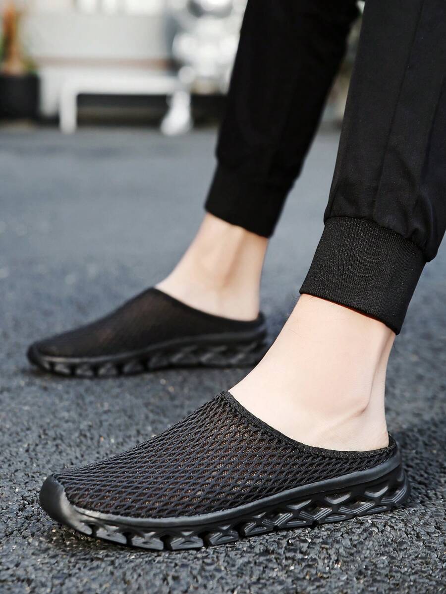 Men's Sandals/Slippers, Black Breathable Mesh Slip-On Casual Shoes, Lightweight Knitted Athletic Sneakers