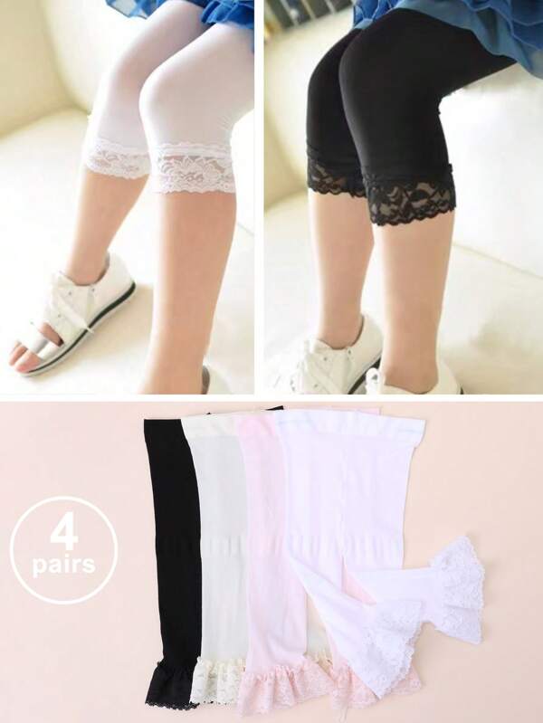 4 Stücke Mädchen Leggings mit Spitzenkante, unifarbene 3/4 Länge Skinny Hosen, leicht atmungsaktiv, geeignet für den Sommer, passend zu Röcken und Schuhen