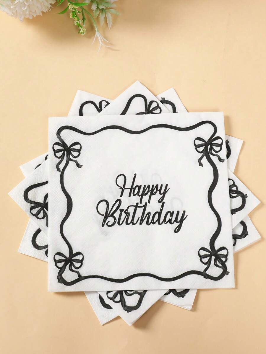 16 件黑色蝴蝶结餐巾，粉色生日装饰，生日快乐一次性餐巾，适用于婚礼、生日、新娘送礼会、迎婴派对、下午茶、花园派对、厨房和餐桌装饰、粉色蝴蝶结装饰、蝴蝶结派对装饰 - 黑與白 - 查看 1