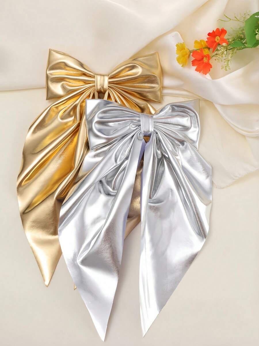 1pc Girls/Ladies Fashion Gold/Silver Bow Hairclip, Elegant French Style Hair Accessory Suitable For Party, Gathering, Street, Wedding, Travel, Beach, Campus, High-End Vibe - One Size Fits All - View 1