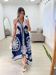 Women's Long  Dress In Full-Bodied Silk Fabric - 藍色 - 查看 2