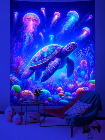Majestic Sea Turtle UV Reactive Tapestry Glowing Jellyfish Neon Coral Reef Underwater Wall Art Iridescent Hues Bohemian Bedroom Living Room Decor Ocean Fantasy Interiors