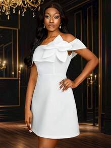 Vestido de novia, fiesta, ducha nupcial, graduación con hombros descubiertos, mangas abullonadas, silueta evasé con flores 3D, vestido mini para mujer