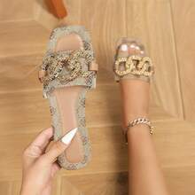 Refined Women Glittery Mule Sandals For Womens Knot Buckle Strappy Comfort - 卡其色 - 查看 3