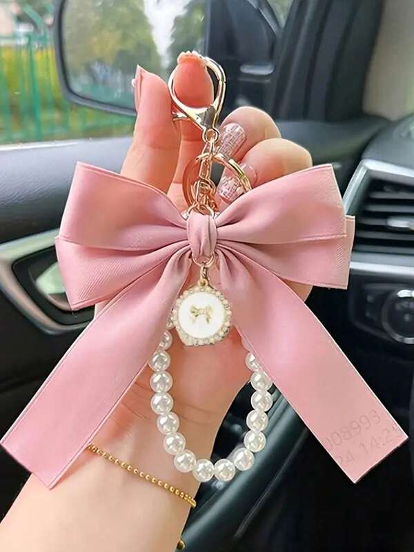1pc Elegant Bow And Pearl Beaded Keychain Wristband Available In Various Colors - Made Of Polyester, Butterfly Charm Design, Perfect For Keys, Wallet, Cell Phone - Fashionable Women's Accessories School Car Accessories Cute Goth Y2k Bag Lanyards With Id Holder Car Accessories Bag Charms