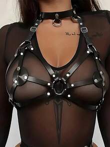 Gothic Handmade PU Leather Harness Belts Fashion Faux Leather Cage Vest Chest Sculpting Body Strap Waist Belt Cincher Harajuku - Black - View 7
