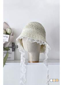 1pc French Lace Brim Straw Hat, Elegant Solid Color Hollow Woven Sun Hat With Lace Ribbons, For Beach, Outdoor, Picnic, Summer