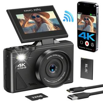 4K Digital Camera For Photography Auto-Focus 64MP Vlogging Camera With 32G TF Card 3 Inch 180° Degree Flip Screen 16X Digital Zoom With Flash, Compact Digital Camera For Travel