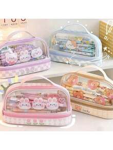 1pc New Cartoon Transparent Multi-Layer Stationery Bag, PU+PVC Pencil Case, Cute Large Capacity Desktop Organizer For Pens, Pencils, Ruler, Suitable For Boys And Girls - Multicolor - View 1
