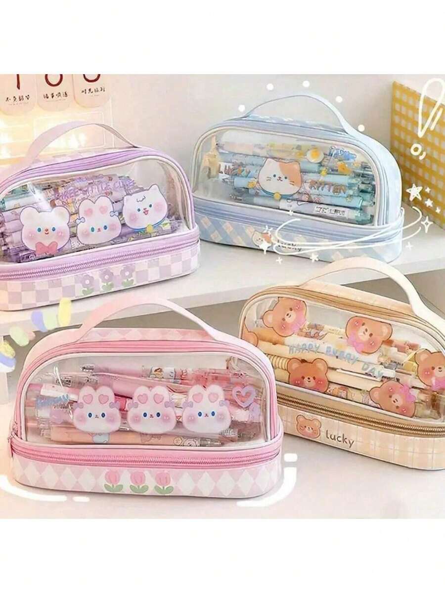 1pc New Cartoon Transparent Multi-Layer Stationery Bag, PU+PVC Pencil Case, Cute Large Capacity Desktop Organizer For Pens, Pencils, Ruler, Suitable For Boys And Girls - Multicolor - View 1