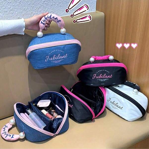 Women's Waterproof Makeup Bag, Portable Cute & Fashionable Color Block, Large Capacity, Cosmetic Organizer