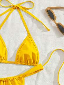 Bộ bikini hai mảnh tam giác siêu nhỏ màu trơn mới, kiểu dáng thanh lịch, buộc dây cổ, thích hợp cho mùa hè đi biển và nghỉ mát của phụ nữ. - Màu vàng - Xem 5