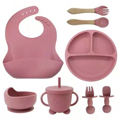 8pcs/6pcs/5pcs/4pcs Silicone Feeding Set, Including Suction Cup Bowls, Forks, Spoons, Bibs And Cups, Develop Self-Feeding Skills, Dishwasher Friendly, Suitable For 6 Months And Above
