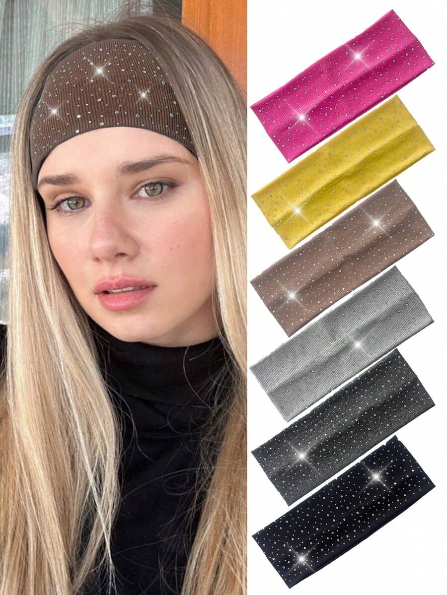New European And American Fashion Rhinestone Headband, Wide Solid Color Shiny Crystal Elastic Sports Headband For Women, Suitable For Daily Wear, Party, Boho, Made Of Polyester, All Seasons Holiday Essential Hair Accessories Summer Beach Hair Bands