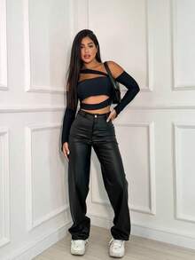 Women's Wide Leg High Waist Faux Leather Retro Pantaloons Blogger Party Pants Ready For Delivery - Negro - Ver 1