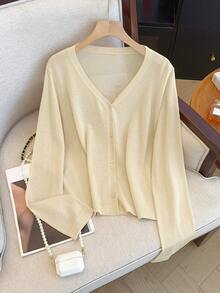 Women's Spring/Summer Korean Style Simple Casual Loose Fit Long Sleeve Cardigan - Apricot - View 2