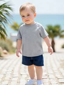 Conjunto de 4 camisetas de verano para bebé, holgadas, lisas/a rayas, cuello redondo, manga corta - Colores mixtos - Ver 2