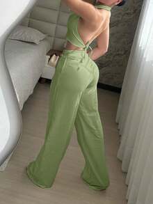 Buckle V-Neck Vest With Wide Leg Casual Pants Set Summer - Green - View 2