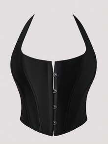 Classic Black Rayon Cropped Bustier Top With Neck Tie