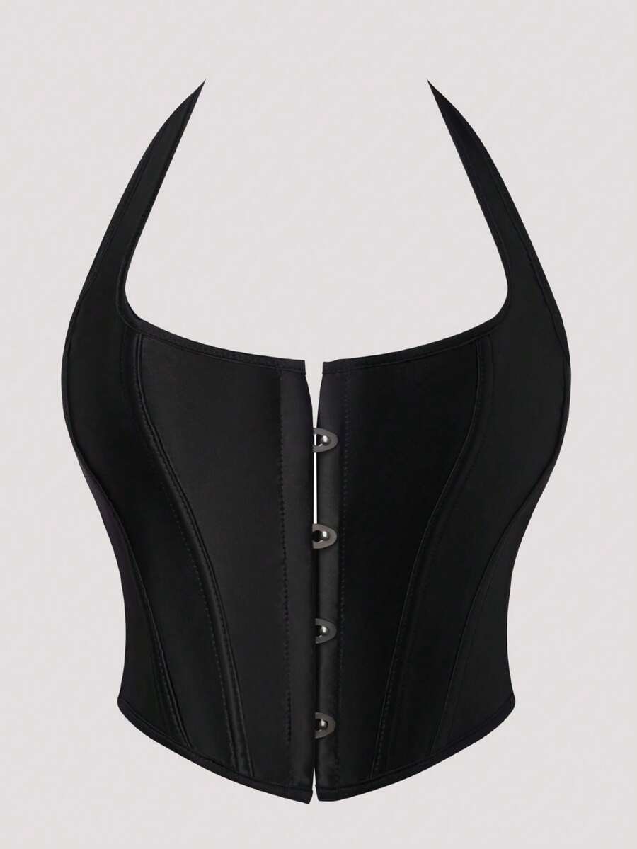 Classic Black Rayon Cropped Bustier Top With Neck Tie