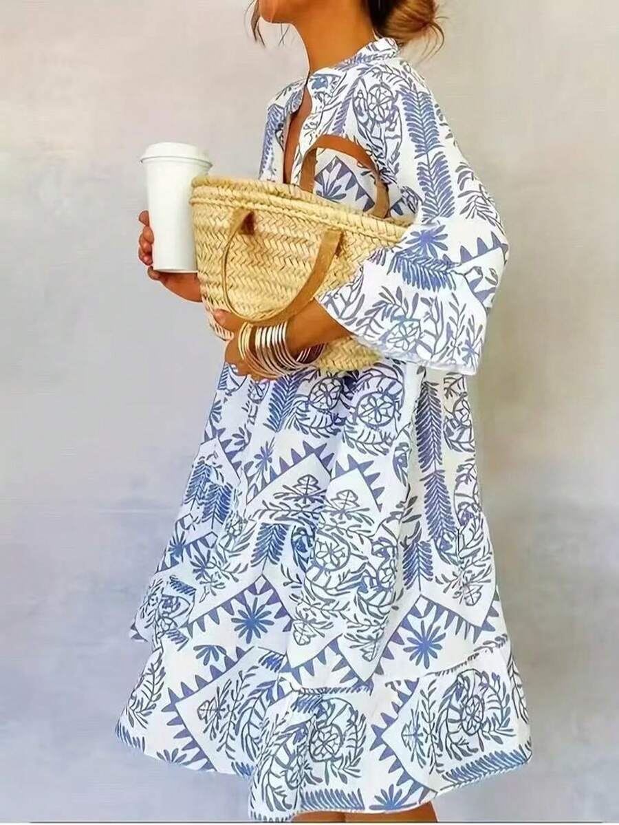 فستان نسائي كاجوال كامل الطباعة أكمام واسعة للمنتجع - متعدد الألوان - مشاهدة 1