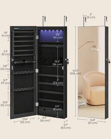 SONGMICS Hanging Jewelry Cabinet, Wall-Mounted With LED Interior Lights Jewelry Organizer, Door-Mounted Organizer, Full-Length Mirror, Gift Idea - Black - View 8