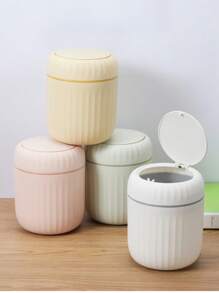 1PCOne-Piece Small Office Trash Can, Plastic Trash Can With Lid, 16.5cm High, Small Trash Can For Desktop And Coffee Area, White, Kitchen, Bathroom, Family, Household Items