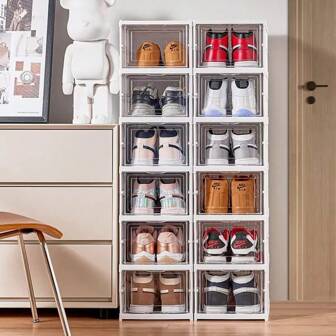 Organizador de zapatos de plástico - Cajas de almacenamiento de zapatos apilables y plegables de 1/3 niveles, transparentes y ahorradoras de espacio para el armario