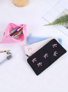 1pc Beautiful Pencil Bag, Creative Bow Embroidery Pattern , Simple And Stylish Pencil Case Desktop Finishing Essentials, Back-To-School Must-Have Stationery
