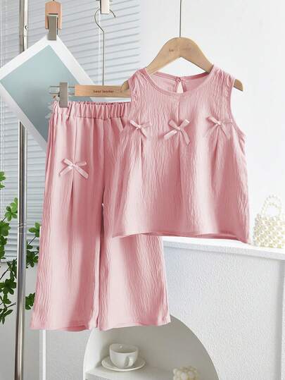 少女夏季休闲平纹针织蝴蝶结背心和裤子两件套