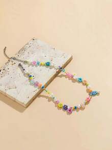 1pc Minimalist Faux Pearl & Letter Contrast Color Necklace, Rustic Woven Daisy & Rice Bead Necklace For Women - Multicolor - View 4