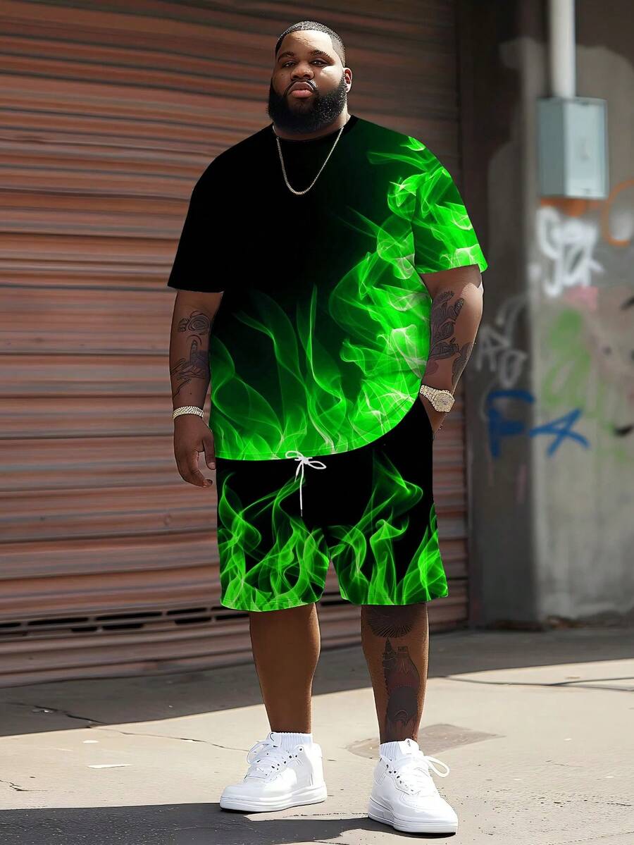 Plus Size Ombre Green Flame Print Short Sleeve Set | 3D Stereoscopic Print Crew Neck Top | Stretchy Breathable Polyester | Casual Sporty Style | Plus Size Loose Fit | Daily & Party Wear - Green - View 1