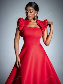 Sleeveless Ruffled-Trim Formal Dress - Timeless Elegant Gown With Fitted Bodice & Flowy Silhouette For Spring-Summer Weddings, Galas, Receptions, Red Carpet, Party Dress, For Cocktail