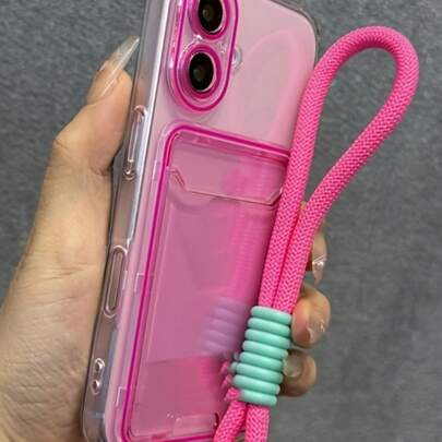 粉色可爱TPU挂绳式卡包，1个装，糖果色果冻透明卡槽手机壳，带挂绳，适用于 17 Air 16 15 14 13 12 11 Pro Max，TPU后盖，复活节春季礼物