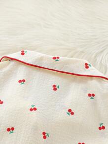 2 piezas Conjunto de ropa de dormir para niña preadolescente: Camiseta de manga corta con estampado de cerezas y pantalón largo, para verano