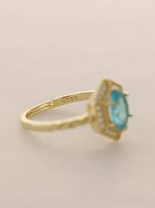 Flyleaf 1 Piece Vintage S925 Sterling Silver 14K Gold Color Geometry Blue Artificial Topaz Open Ring For Women Party Banquet Engagement Fine Jewelry