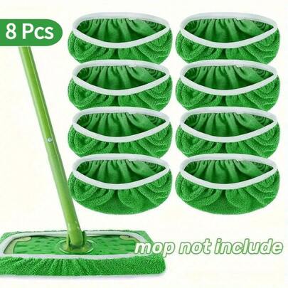 8-Piece Durable Green Polyester Mop Replacement Pad - Highly Absorbent Washable Reusable Cloth Pad, Suitable For Wet/Dry Cleaning, Elastic Band Design Suitable For Most Mops, Household Cleaning Products
