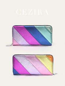 CEZIRA Women's Fashionable Luxury Colorful Stripes Patchwork Metallic PU Vegan Leather Long Wallet Zipper Closure Multi Card Slots Cash Note Zip Pocket Phone Purse Large Capacity Portable Clutch Handbag Money Bag Elegant Functional Daily Shopping Travel Gift - Multicolor - View 15