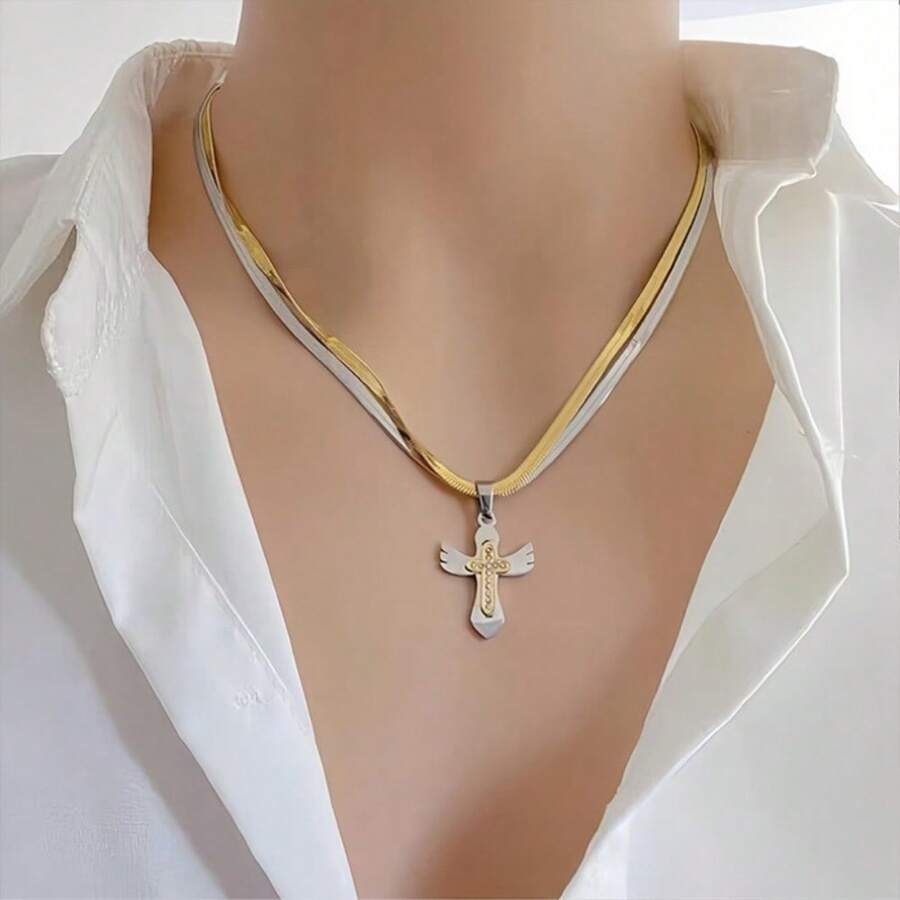 1 szt. męski naszyjnik z wisiorkiem, złoty wzór kości węża, dwuwarstwowy, modny łańcuszek na obojczyk, prezent dla chłopaka