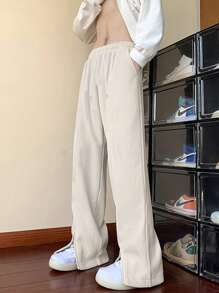Men's Summer Corduroy Zipper Slit Wide Leg Pants, Solid Color Versatile Casual Sports Trousers